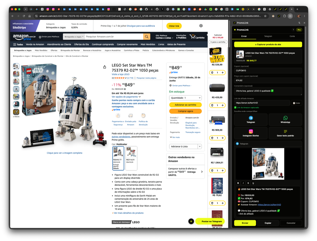 Extensão PromoLink funcionando ao lado de uma página de produto da Amazon